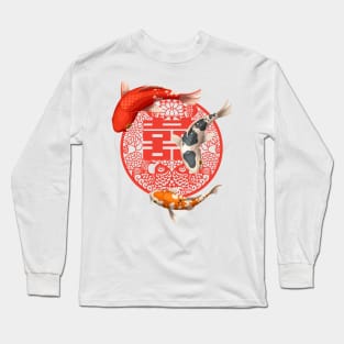 Double Happiness Koi Fish Bright Red and Orange - Hong Kong Retro Long Sleeve T-Shirt
